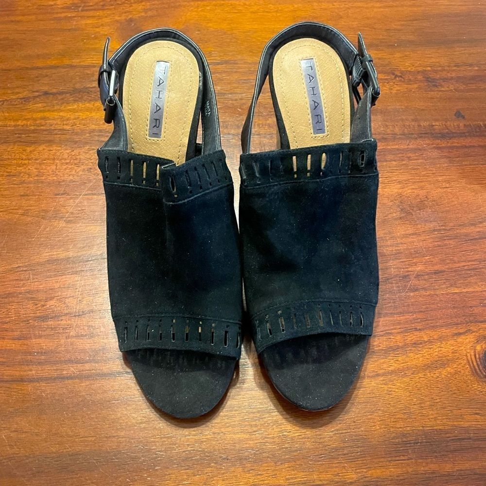 Tahari Block Maya Black Suede Block Heels Womens 7.5